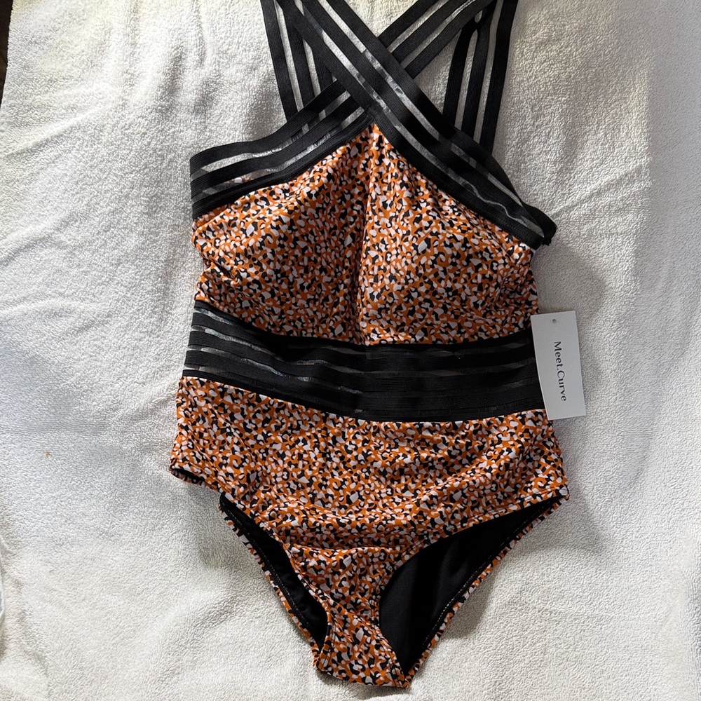 Stylish Black & Orange One Piece Swimsuit w/clear mesh straps & waist